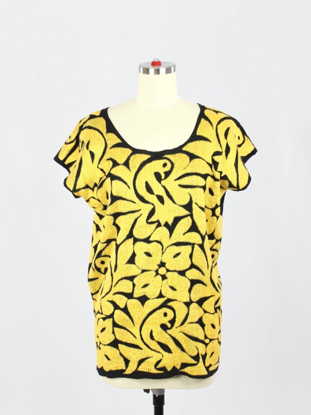 Handmade Mexican Black Yellow Hand Embroidered Tuxtepec Jalapa Huipil Tunic